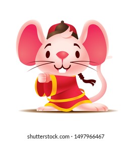 Cartoon cute white rat with big ears wears traditional Chinese jacket greeting Gong Xi Fa Cai. Rat Chinese New Year 2020. The year of rat/mice/mouse. - Vector 