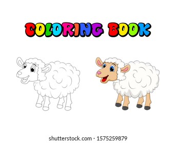 Cartoon Cute White Sheep coloring book , pages .Sheep standing for farm concept. Vector illustration isolated on white background