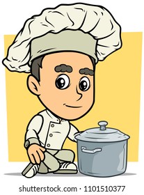 Cartoon cute white sitting chef cook boy character in hat with gray cooking pot. On yellow background. Vector icon.