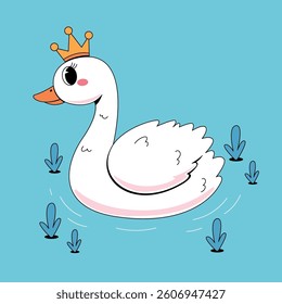 Cartoon cute white swan with crown