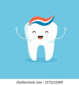 Cartoon cute white tooth with toothpaste. Cleaning teeth. Dental health concept. Vector illustration isolated on blue background.