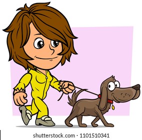 Cartoon cute white walking brunette girl character with funny dog. On violet background. Vector icon.