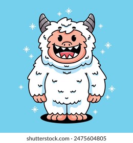 Cartoon cute white yeti with snow