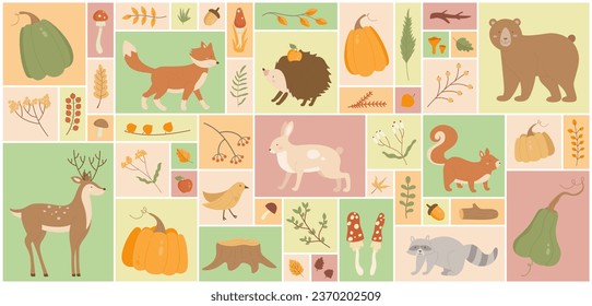 Cartoon cute wild animal characters, forest and garden nature elements and fall wildlife, autumn vegetable harvest, mushroom and leaf in square collage background. Autumn set vector illustration.