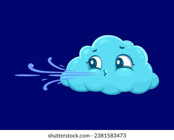 Cartoon cute wind weather character, isolated vector light blue whimsical cloud blowing swirling air flows from mouth. Playful, energetic and environmental friendly puffy personage for windy forecast