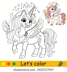 Cartoon cute winged unicorn. Kids coloring book page. Unicorn character. Black contour on a white background. Vector isolated illustration with color template. For coloring, print, design, stickers