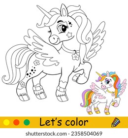 Cartoon cute wingled unicorn. Unicorn character. Coloring book page. Black and white vector isolated illustration with colorful template for kids. For coloring book, print, game, party, design