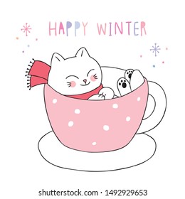 Cartoon cute winter, cat in coffee cup vector.