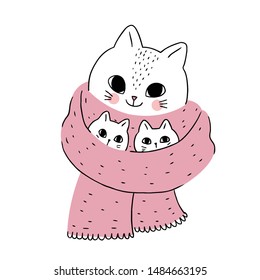 Cartoon cute winter cat and kitten vector.