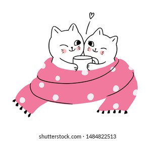 Cartoon cute winter, Cats drinking coffee vector.