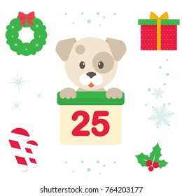 cartoon cute winter dog with calendar christmas illustration