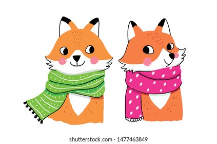 Cartoon cute winter foxes vector.