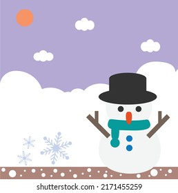Cartoon cute winter landscape with snowman and snowflake. Sunlight,  purple sky background, countryside, cloudy weather. Backdrop wonderland banner in winter season. Vector, illustration, EPS10