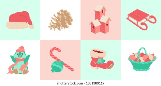 Cartoon cute winter objects. Set of winter icons. Christmas icons, christmas holidays celebration. Big collection of Christmas icons. Vecrot illustration