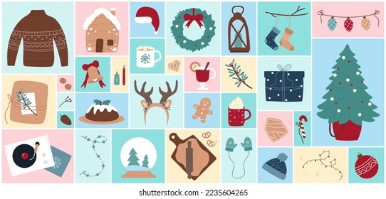 Cartoon cute winter season elements collection with gingerbread, mistletoe wreath and crystal ball, hat, gifts for kids in square collage background. Christmas decoration wide set vector illustration.