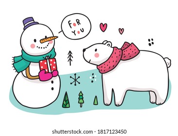 Cartoon cute winter, Snowman give gift for polar bear vector.
