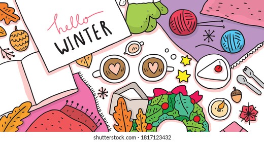 Cartoon süß Winter, Top-View Elemente Lifestyle Doodle Vektor.