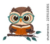Cartoon cute wise owl with a book vector character. Smart animal, kids cheerful illustration. Colorful funny beautiful design. 