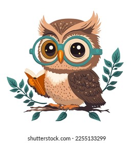 Cartoon cute wise owl with a book vector character. Smart animal, kids cheerful illustration. Colorful funny beautiful design. 