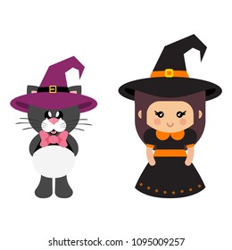 cartoon cute witch with black cat