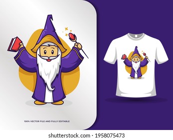 Cartoon Cute witch with book and magic wand illustration with t shirt design template. vector illustration