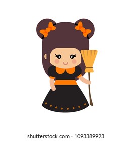 cartoon cute witch with bow and broom