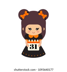 cartoon cute witch with bow and calendar