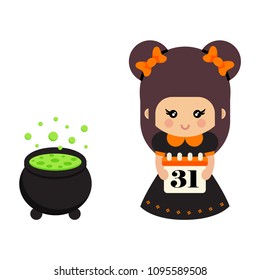 cartoon cute witch with bow and calendar and cauldron