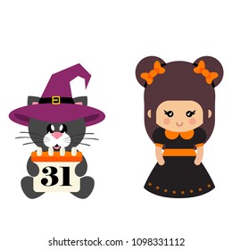 cartoon cute witch with bow and cat black sitting in hat with calendar