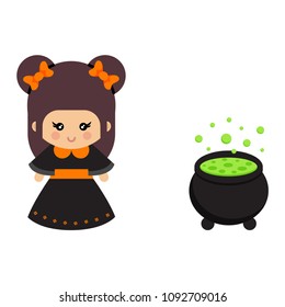 cartoon cute witch with bow and cauldron