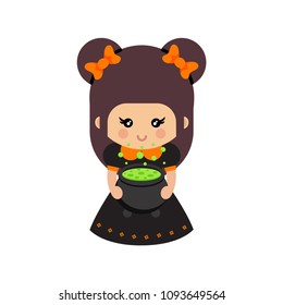 cartoon cute witch with bow and cauldron vector