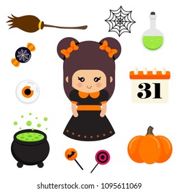 cartoon cute witch with bow and halloween element