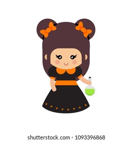 cartoon cute witch with bow and magic potion