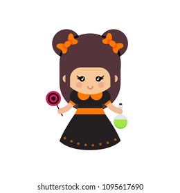 cartoon cute witch with bow and magic potion and candy svg