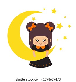 cartoon cute witch with bow on a moon 