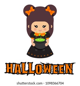 cartoon cute witch with bow and with text and cauldron