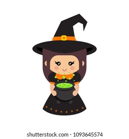 cartoon cute witch with cauldron vector