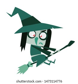 Cartoon cute witch flying on her broom. Vector illustration