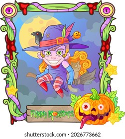 cartoon cute witch flying on broomstick funny illustration