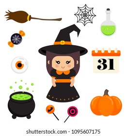 cartoon cute witch and halloween element