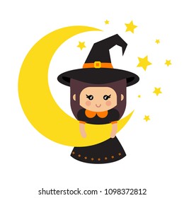 cartoon cute witch hat on a moon