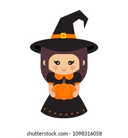cartoon cute witch in hat with cartoon pumpkin