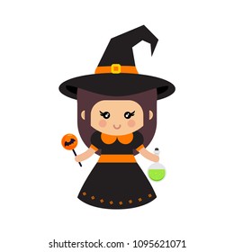 cartoon cute witch with magic potion and candy svg