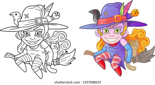 cartoon cute witch on broomstick, coloring book, funny illustration