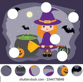 Cartoon cute witch with a pot, broom, pumpkin and black cat. Complete the puzzle and find the missing parts of the picture. Educational game for kids