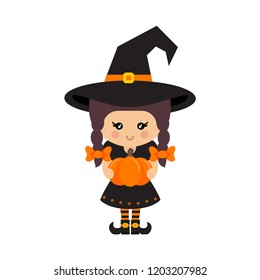 cartoon cute witch vector with braids in hat and pumpkin