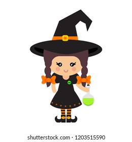 cartoon cute witch vector with braids in hat and magic potion