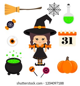 cartoon cute witch vector with braids in hat and halloween element