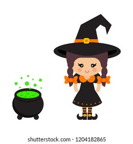 cartoon cute witch vector with braids in hat with cauldron