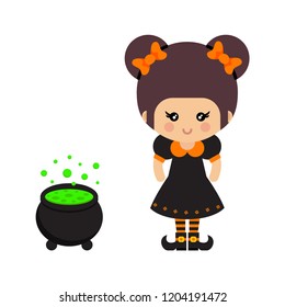 cartoon cute witch vector and cauldron 